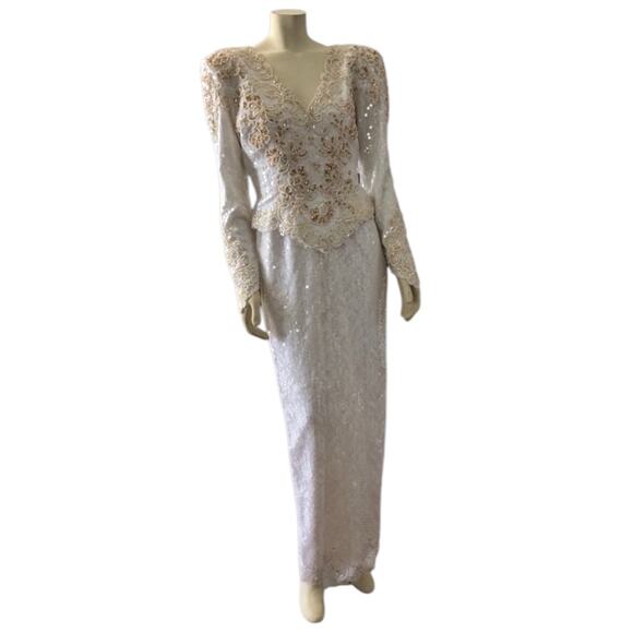Vintage wedding sequenced dress with detachable skirt & train Ivory gold medium - Picture 5 of 17